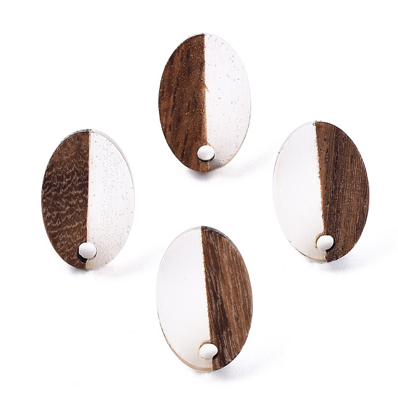 Resin & Walnut Wood Stud Earring Findings, with 304 Stainless Steel Pin, Oval