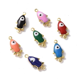 Brass Enamel Connector Charms, Real 18K Gold Plated, Fish with Evil Eye Pattern
