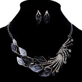 Fashionable Alloy Rhinestone Stud Earrings & Bib Necklaces Sets, Peacock Tail