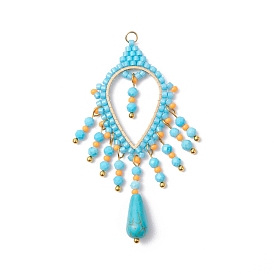 Bohemian Synthetic Turquoise Bigs Pendants, Teardrop Charms with Glass Beads Tassel