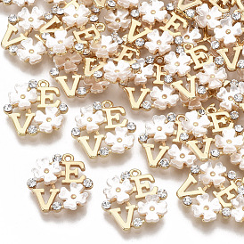 Brass Cubic Zirconia Charms, with Resin Imitation Shell, Nickel Free, Flower with Letter, Letter E & V