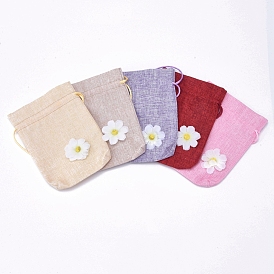 Burlap Pouch Gift Sachet Bags, with Polyester Drawstring and Flower Applique, for Presents, Party Favor Gift Bags