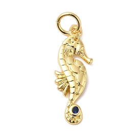 Rack Plating Brass Pave Blue Cubic Zirconia Sea Animal Pendants, Sea Horse Charms with Jump Rings, Long-Lasting Plated, Lead Free & Cadmium Free
