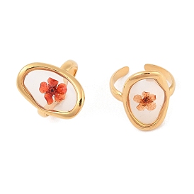 Oval Ion Plating(IP) 304 Stainless Steel Open Cuff Rings for Women, with Epoxy Resin & Dried Flower inside