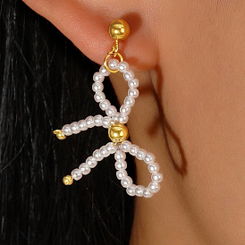 Bohemian Luxe Style Imitation Pearl Bowknot Stud Earrings, 2024 High Fashion Chic Trend