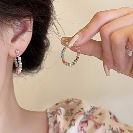 Alloy & Colorful Glass Seed Beaded Hoop Earrings, with Rhodium Plated 925 Sterling Silver Pins