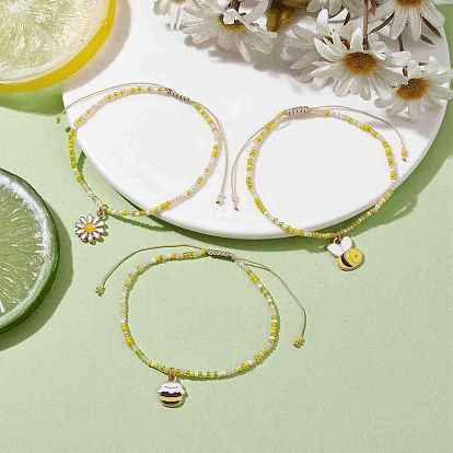 3Pcs 3 Style Bees & Flower Alloy Enamel Charm Bracelets Set, Glass Seed Beaded Stackable Bracelets