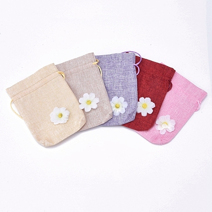 Burlap Pouch Gift Sachet Bags, with Polyester Drawstring and Flower Applique, for Presents, Party Favor Gift Bags