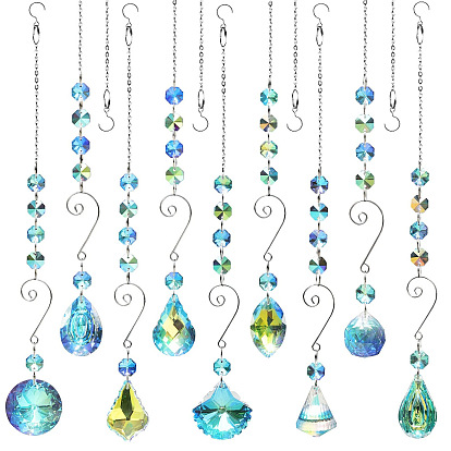 Glass Teardrop/Cone/Oval/Round Pendant Decorations, Hanging Suncatchers, with Glass Octagon Link for Garden Decorations