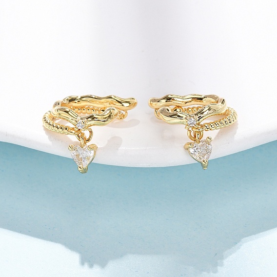 Серьги-манжеты в форме сердца из латуни с микропаве из прозрачных кубических цирконий, долговечный, стойки покрытие, без свинца и без кадмия