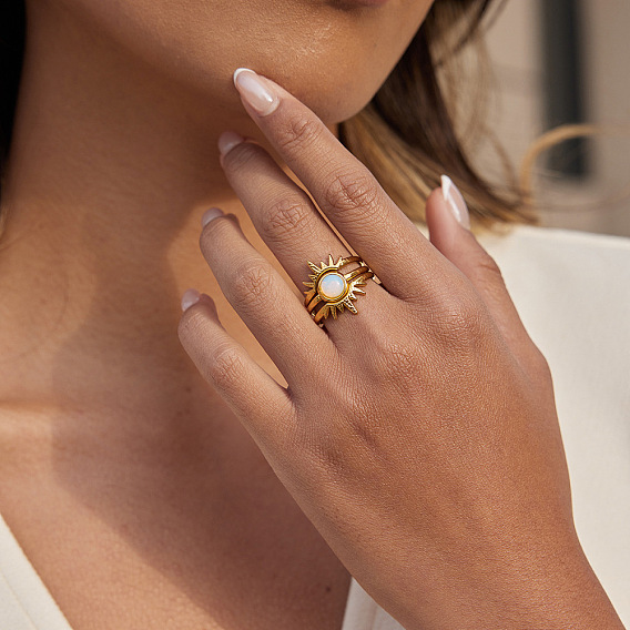 304 Наборы открытых колец из нержавеющей стали и смолы для женщин, солнце, штабелируемые кольца
