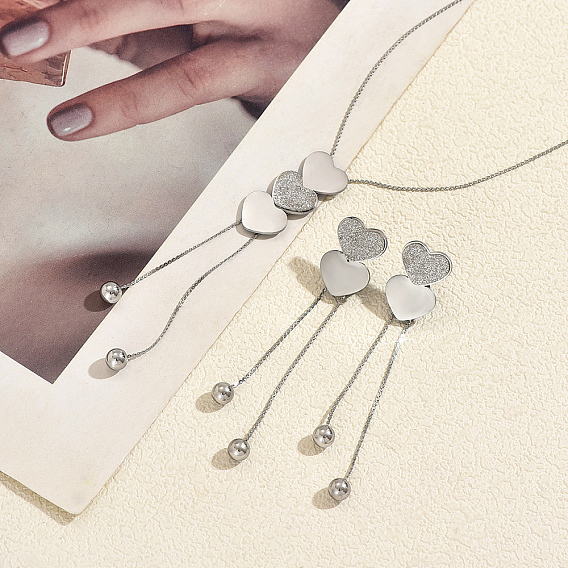 201 Conjunto de collar largo y pendientes de acero inoxidable con forma de corazón para mujer