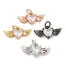 Rack Plating Brass Micro Pave Clear Cubic Zirconia Pendants, Lead Free & Cadmium Free, Long-Lasting Plated, Heart with Wings