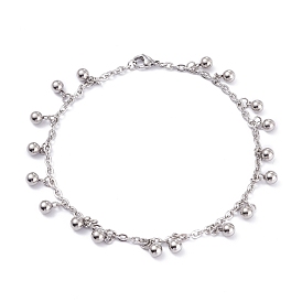 304 Stainless Steel Charm Anklets, with Cable Chains, Round Ball