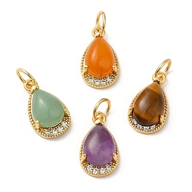 Natural Gemstone Teardrop Charms, with Rack Plating Brass Micro Pave Clear Cubic Zirconia Findings and Jump Ring, Cadmium Free & Lead Free, Real 18K Gold Plated
