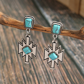 Jewelry Retro Ethnic Style Inlaid Rhombus Turquoise Stud Earrings Simple Geometric Alloy Earrings