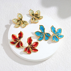 304 Stainless Steel Enamel Stud Earrings for Women, Flower, with Glitter Powder, Golden