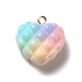 Rainbow Color Opaque Resin Pendants, Rhombus Heart Charms, with Golden Tone Iron Loops