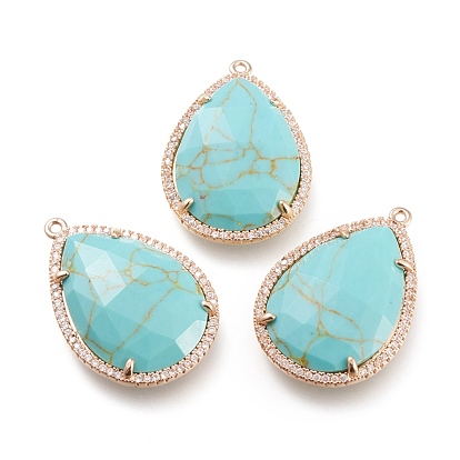Synthetic Turquoise Pendants, with Brass Micro Pave Clear Cubic Zirconia Claw Settings, Faceted, Teardrop, Golden