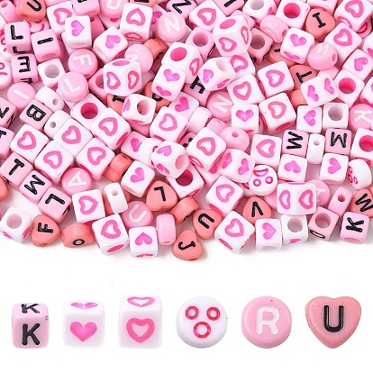 300 шт 6 стили непрозрачные бусины из акриловой эмали, горизонтальное отверстие, сердце и плоский круглый и куб