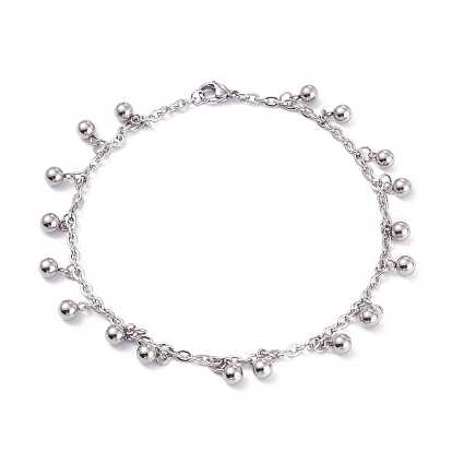 304 Stainless Steel Charm Anklets, with Cable Chains, Round Ball