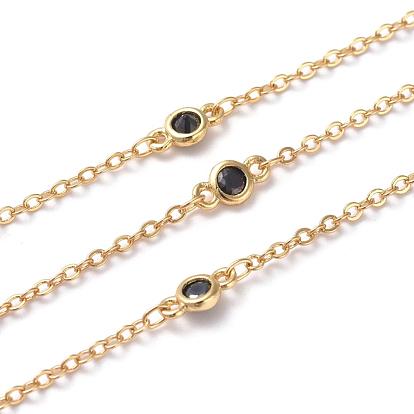 Brass Cable Chains, Soldered, Flat Oval, with Black Glass Rhinestone and Spool, Long-Lasting Plated, Real 18K Gold Plated
