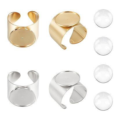 Kit para hacer anillos anchos con forma de cúpula en blanco, incluyendo 304 engastes de cabujón de anillo de dedo de puño abierto de acero inoxidable, Cabuchones de cristal
