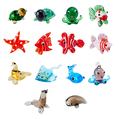 14Pcs 14 Styles Marine Organism Theme Home Decorations, Handmade Lampwork Display Decorations, Mixed Shapes