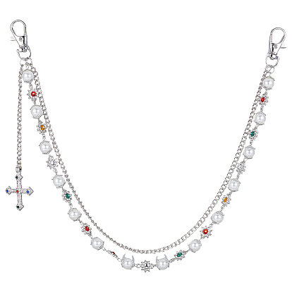 1Двухслойная цепочка из сплава с разноцветными стразами в виде цветов и пластиковыми жемчужинами для брюк, с поперечными прелести