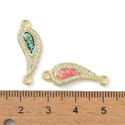 Brass Micro Pave Clear Cubic Zirconia Connector Charms, Synthetic Opal Feather Links, Long-Lasting Plated, Real 18K Gold Plated