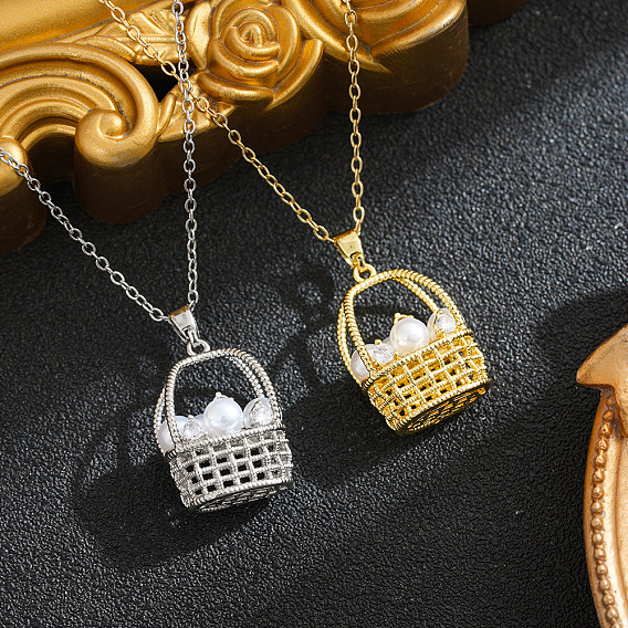 Brass Pave Clear Cubic Zirconia Basket with Imitation Pearl Pendant 201 Stainless Steel Cable Chain Necklaces for Women, Ion Plating(IP), White