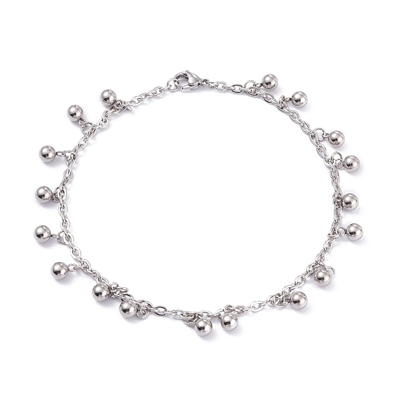 304 Stainless Steel Charm Anklets, with Cable Chains, Round Ball