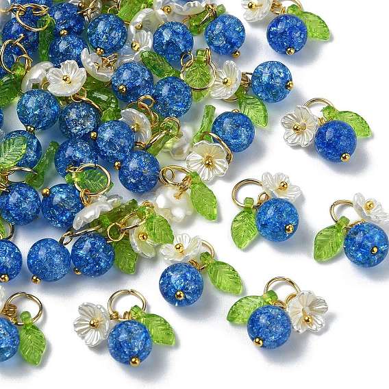 50Pcs Glass & ABS Plastic Imitation Pearl Flower Pendants, with Brass Findings, Golden