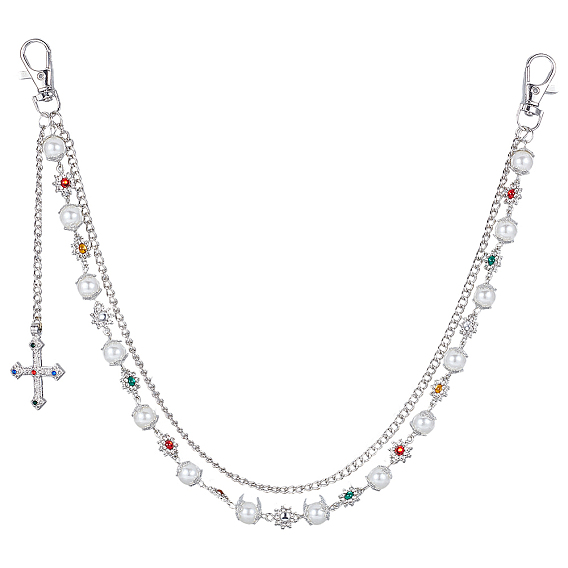 1Двухслойная цепочка из сплава с разноцветными стразами в виде цветов и пластиковыми жемчужинами для брюк, с поперечными прелести