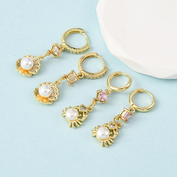 Латунные микро проложить серьги обруча кубического циркония, с ABS имитации жемчуга, долговечный, стойки покрытие, без кадмия и без свинца, золотые