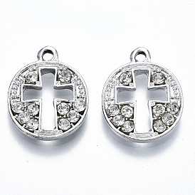 UV Plated Alloy Pendants, with Crystal Rhinestone, Flat Round with Hollow Cross, Cadmium Free & Lead Free