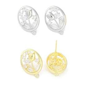 Brass Pave Clear Cubic Zirconia Stud Earring Findings, with Loop, Oval with Flower