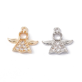 Rack Plating Brass Micro Pave Clear Cubic Zirconia Charms, Long-Lasting Plated, Cadmium Free & Lead Free, Angel Charms