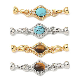 Fermoirs repliables en laiton micro pave zircone cubique transparente, avec œil de tigre naturel/turquoise synthétique, losange