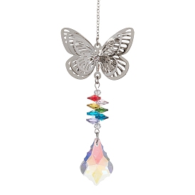 Brass Butterfly Hanging Ornaments, Leaf Glass Tassel Suncatchers for Home Outdoor Decoration