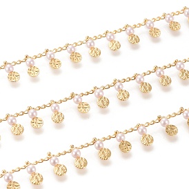 Handmade Brass Curb Chains, with Brass & Glass Charms and Spool, Soldered, Long-Lasting Plated, Textured, Flat Round & Round