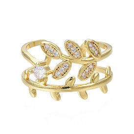 Cubic Zirconia Leaf Wrap Open Cuff Ring, Real 18K Gold Plated Brass Chunky Ring for Women, Nickel Free