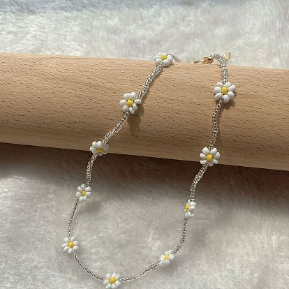 Dainty Crystal Daisy Necklace with Unique Pearl Bead Strand and Collarbone Chain