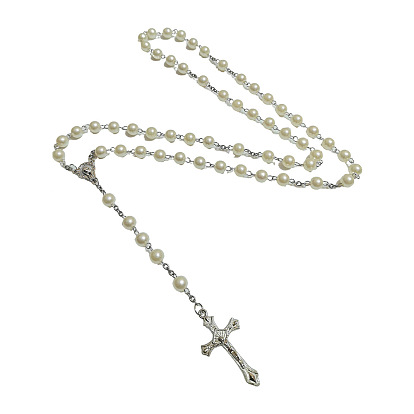 Подвеска в виде креста Девы Марии из сплава, круглые белые четки из АБС-пластика с имитацией жемчуга