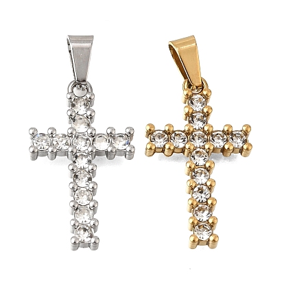 304 Stainless Steel Rhinestone Pendants, Cross Charms, with 201 Stainless Steel Snap On Bails