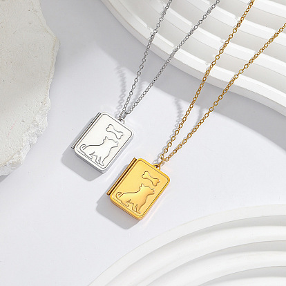 304 Stainless Steel Rectangle with Dog Magnetic Photo Locket Pendant Necklaces for Women