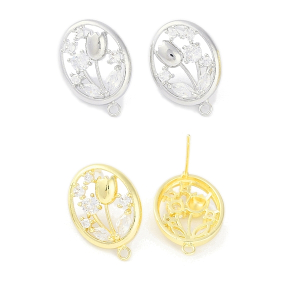 Фурнитура для серег-гвоздиков из латуни с паве из прозрачного кубического циркония, без кадмия, без никеля и без свинца, с петлей, овальные с цветком