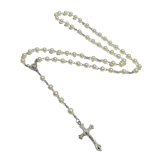 Подвеска в виде креста Девы Марии из сплава, круглые белые четки из АБС-пластика с имитацией жемчуга