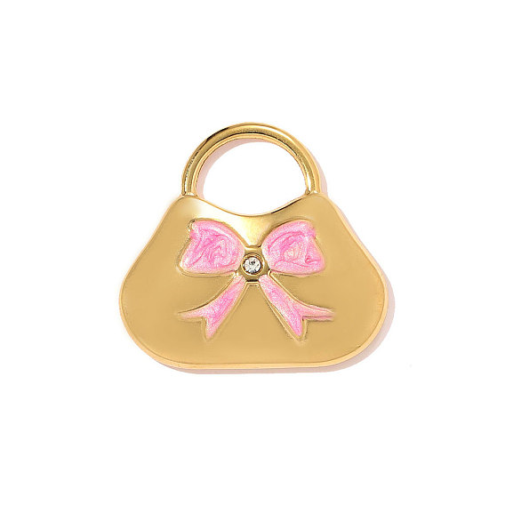 304 подвески из нержавеющей стали с эмалью и стразами, сумочка с подвеской в виде банта, ионное покрытие (ip), долговечный, зеркальная полировка, реальный 18 k позолоченный