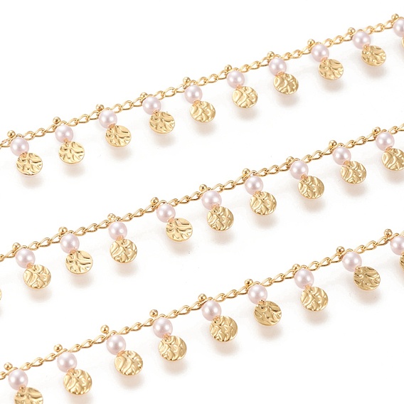 Handmade Brass Curb Chains, with Brass & Glass Charms and Spool, Soldered, Long-Lasting Plated, Textured, Flat Round & Round